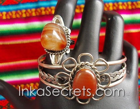 Lot 25 Sets Alpaca Bracelets & Rings w/ Agate Stone